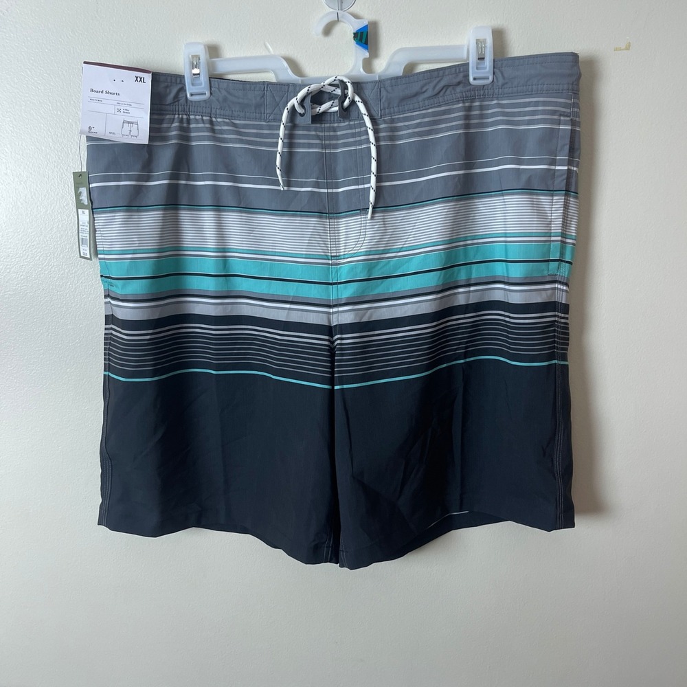 Goodfellow & Co Mens Board Shorts Grey Teal‎ Striped UPF 90+ Swim Trunks XXL